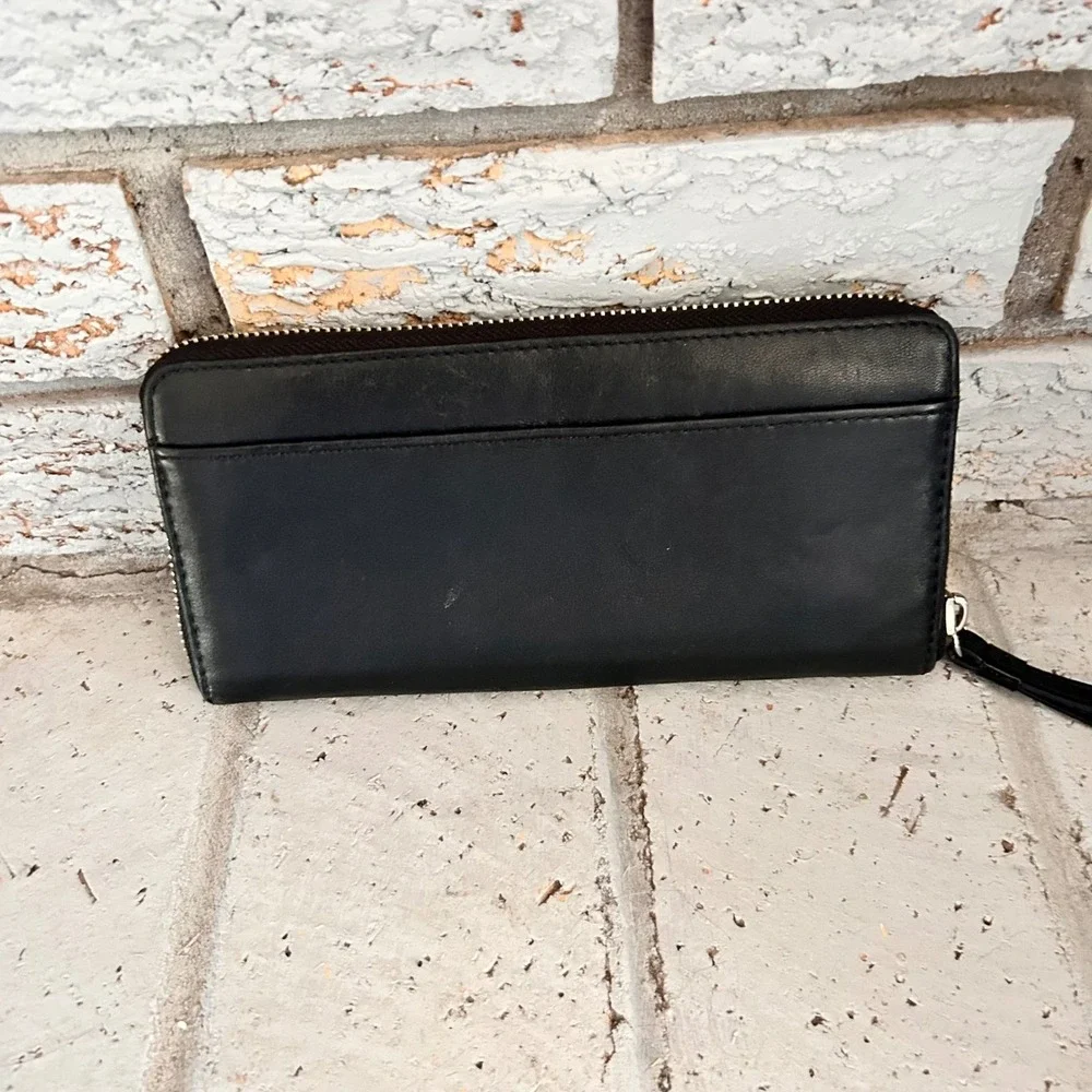 Coach Black Zip-Around Leather Wallet with Signature Medallion